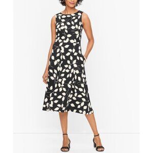 Talbots Womens Leaf Print Sleeveless Midi Dress Black White Fit Flare size Small